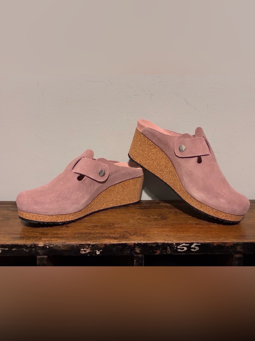 Birkenstock Papillio Fanny Wedge Clogs in a pink suede